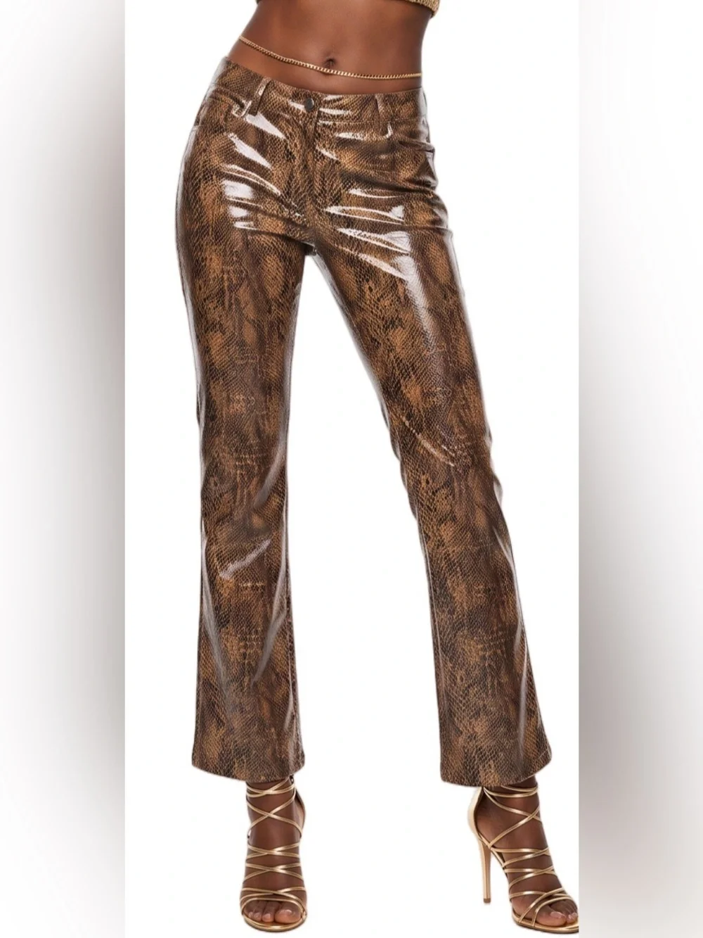 VINTAGE Y2K Tan Metallic Gold Shimmering Snake Scales Low Rise Bootcut Pants 6 - Picture 3 of 11